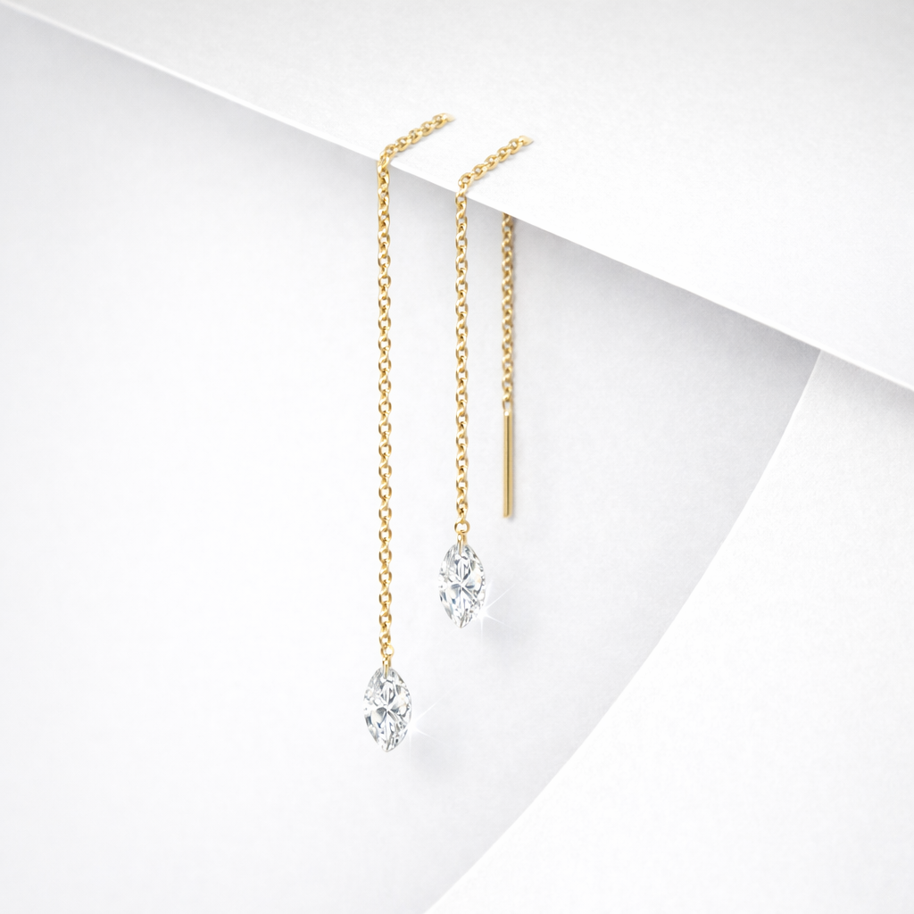 Floating Diamond threader earrings in 14K yellow gold featuring suspended lab-grown marquise diamonds with natural brilliance and subtle movement
