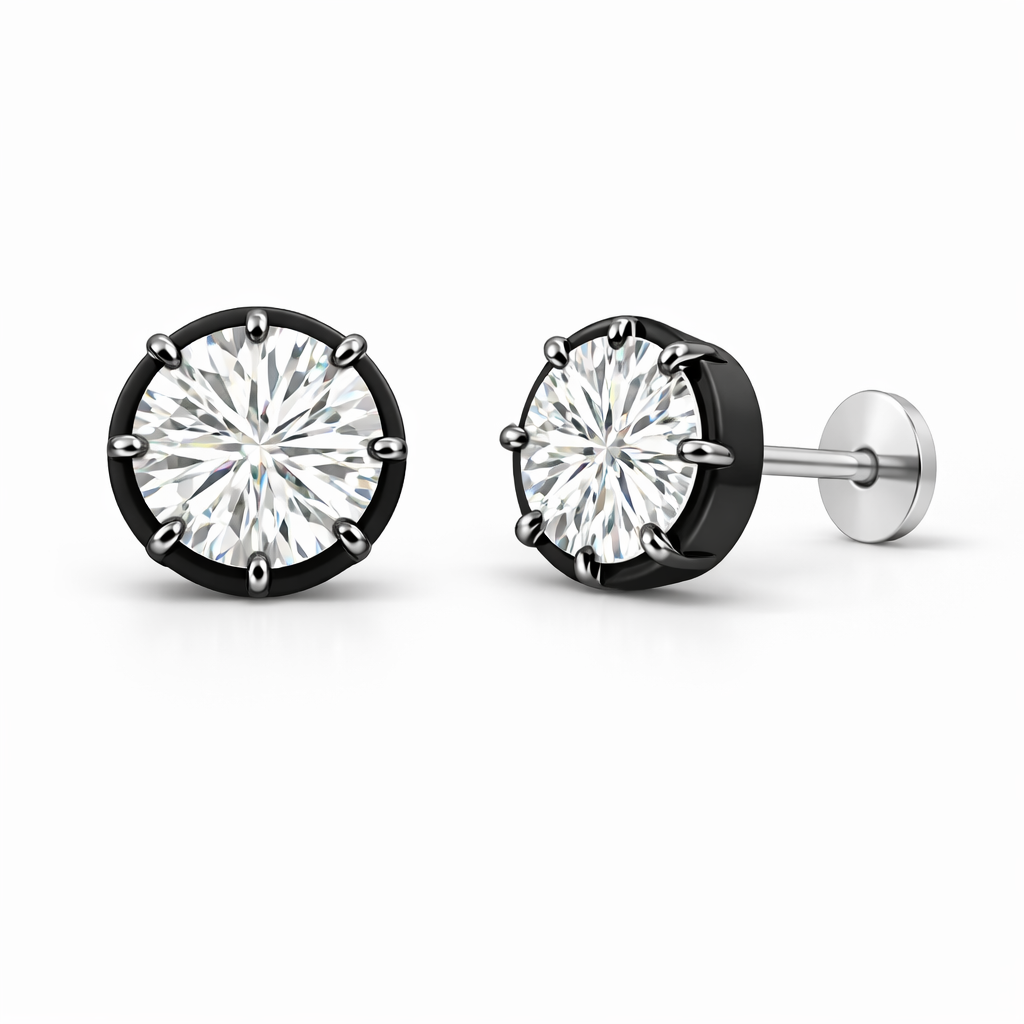 14K black gold lab-grown diamond stud earrings with round brilliant cut, 1.00 ct pair, eight-prong setting and disc back