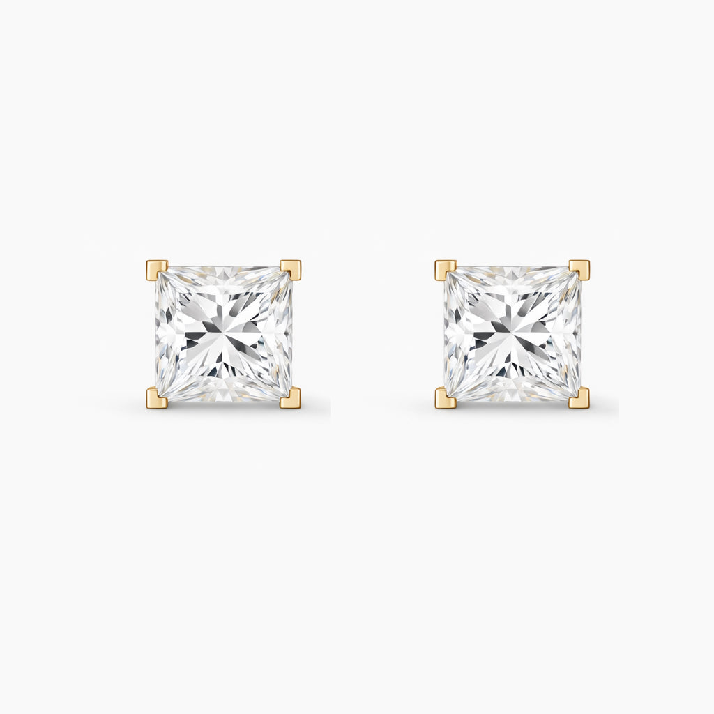 Princess Cut Diamond Stud Earrings  | 14K Solid Yellow Gold | Lab Grown Diamond