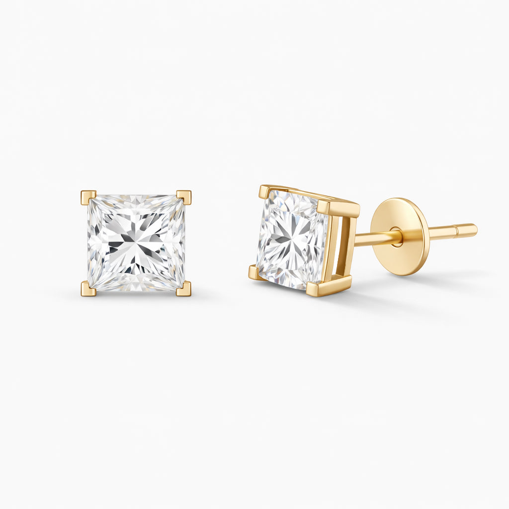 Princess Cut Diamond Stud Earrings  | 14K Solid Yellow Gold | Lab Grown Diamond