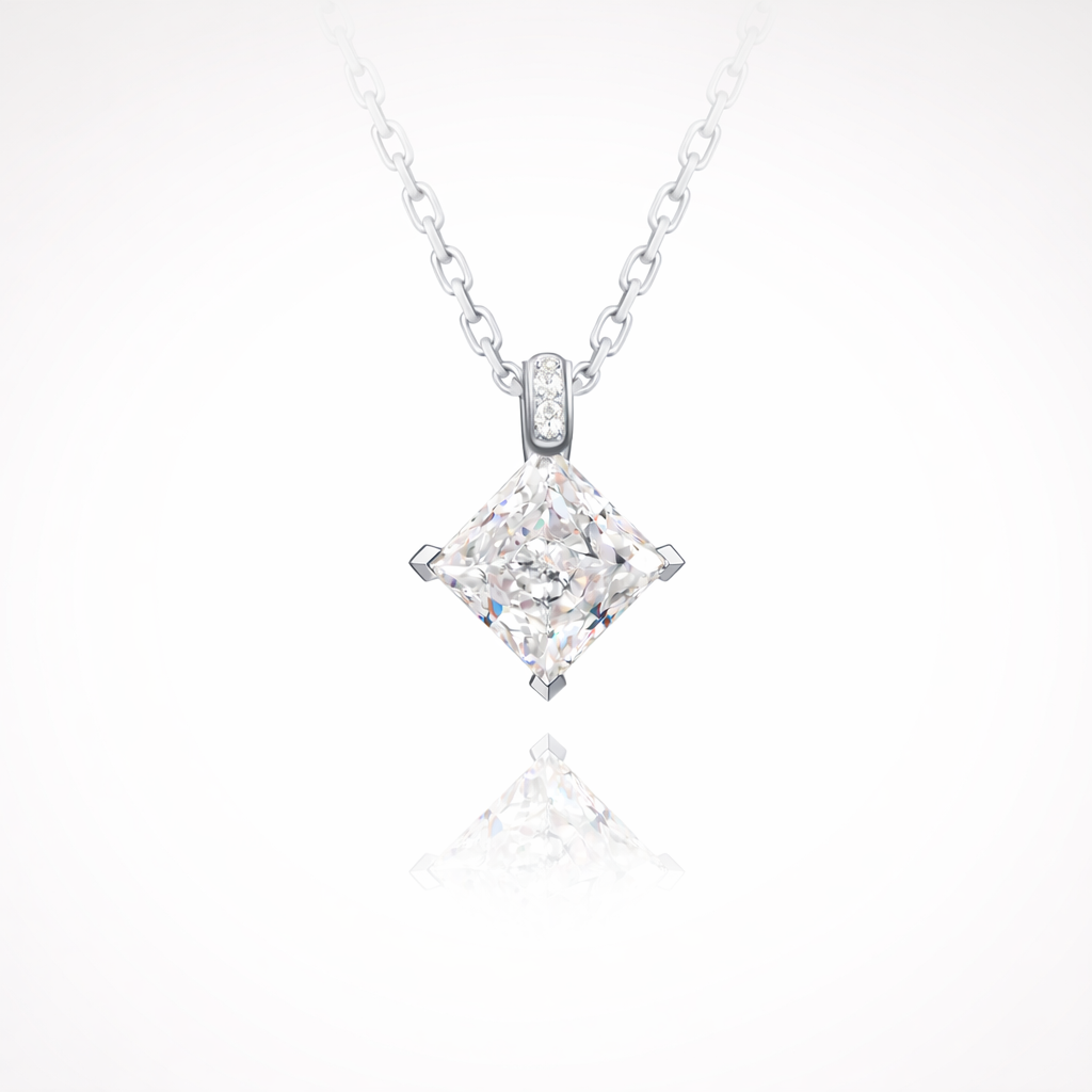 Princess-cut lab-grown diamond pendant necklace in 14K white gold, featuring a refined four-prong setting, a slim diamond-set bail, and enhanced brilliance and fire on a clean white background.