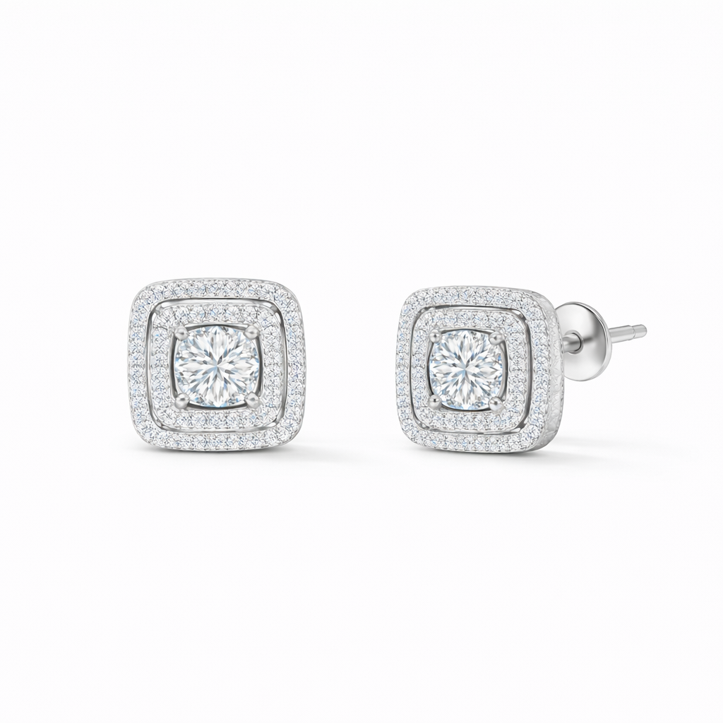 Square halo diamond stud earrings in 14K white gold, featuring round brilliant center diamonds with pavé-set lab-grown diamond halo, front and side view showing disc back closure