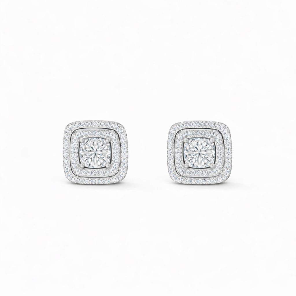 Square halo diamond stud earrings in 14K white gold, featuring round brilliant center diamonds surrounded by pavé-set lab-grown diamonds, front view on a clean white background