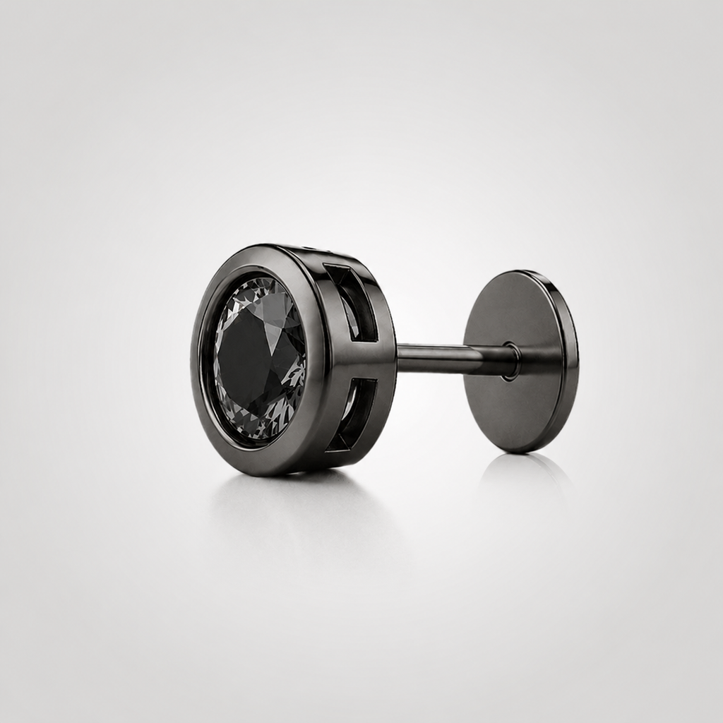 Natural Black Diamond Stud Earrings for Men | Recessed Bezel | 14K Black Gold | Structured Minimal Design