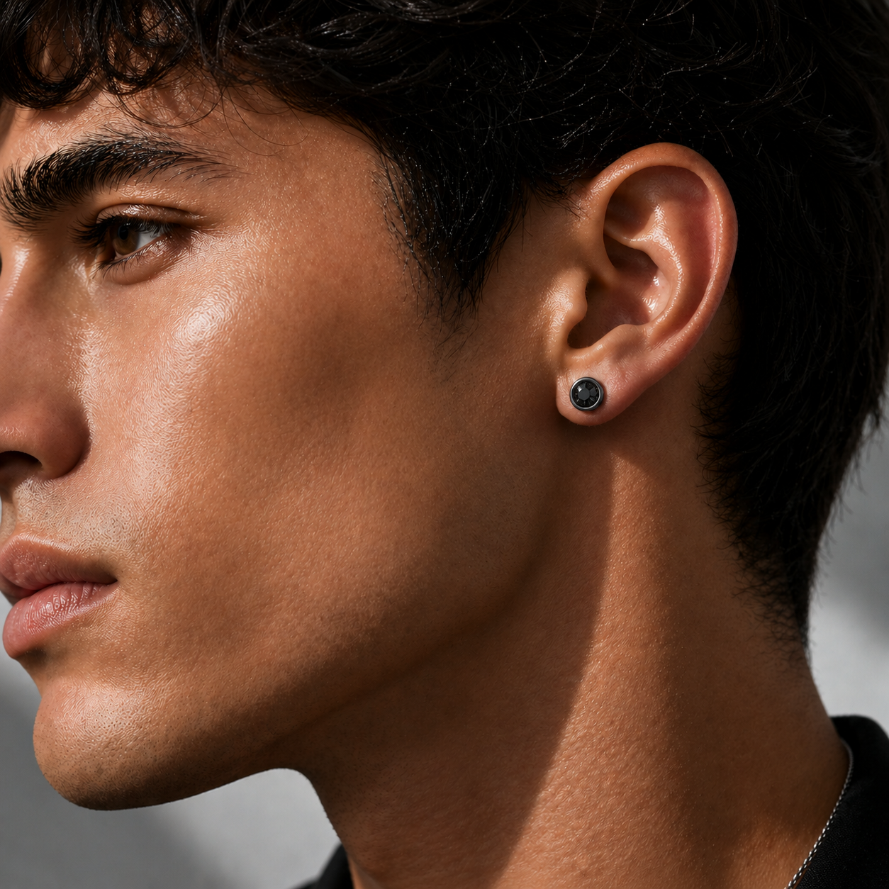 Natural Black Diamond Stud Earrings for Men | Recessed Bezel | 14K Black Gold | Structured Minimal Design