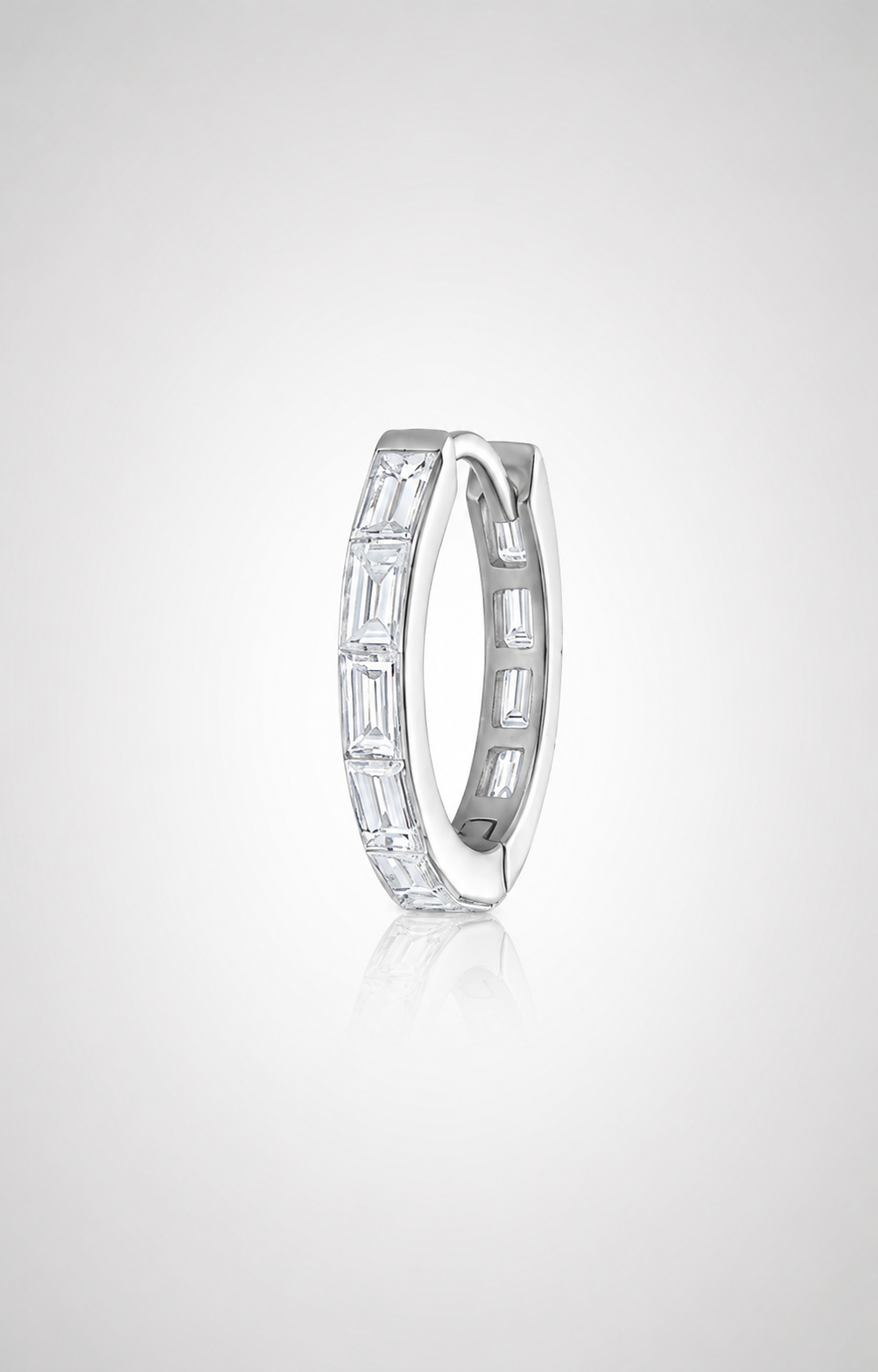 12mm invisible set baguette diamond hoop earring in 14K white gold with full eternity design by HERIMYST