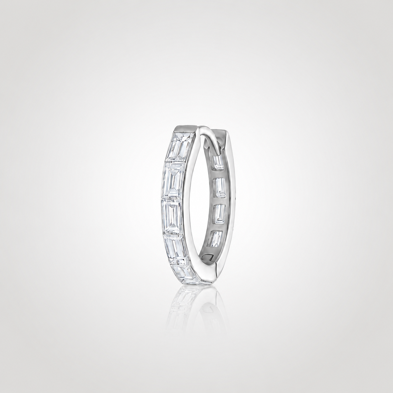 Baguette diamond hoop earring for men in 14K white gold with channel set lab grown diamonds and clean geometric design