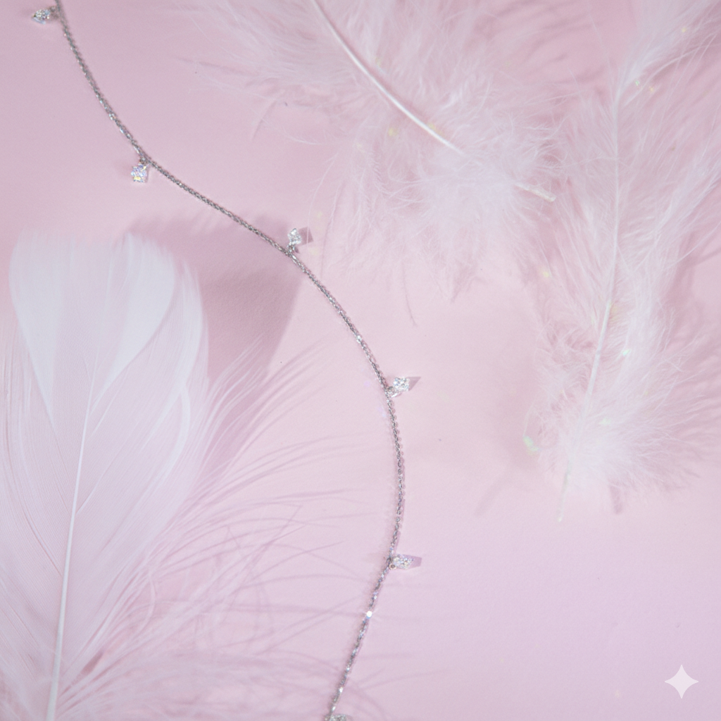 High-brilliance princess cut diamond drop necklace in 14k white gold, featuring seven shimmering square diamonds on a delicate cable chain, minimalist fine jewelry for women.