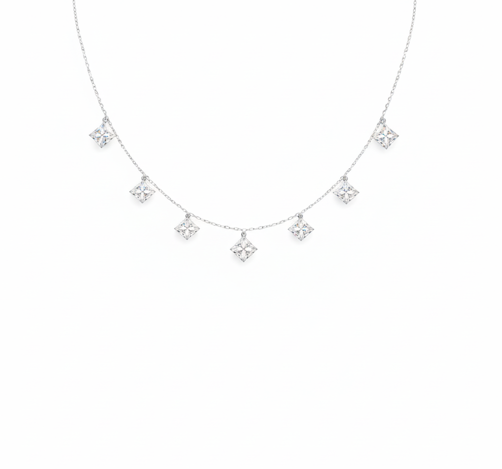 Seven princess-cut lab-grown diamond station necklace, 0.3 carat each diamond, evenly spaced on a delicate white gold chain, minimal setting, high brilliance sparkle