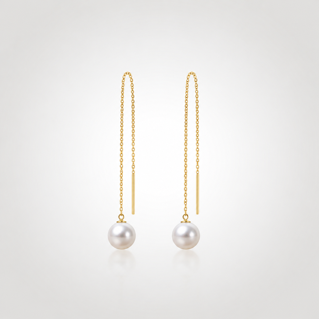 Freshwater pearl threader earrings in 14K solid yellow gold with 7.5–8 mm white pearls