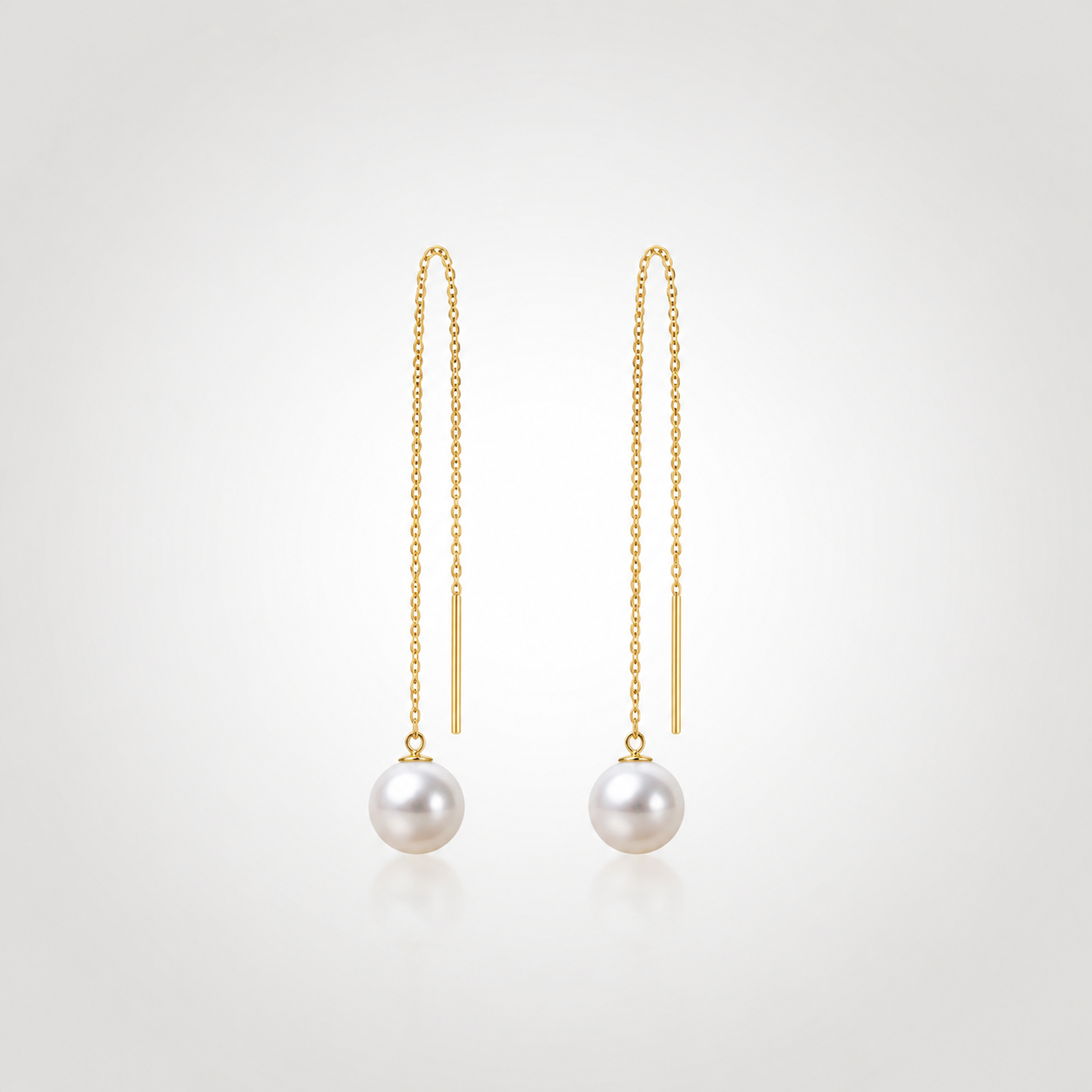Freshwater pearl threader earrings in 14K solid yellow gold with 7.5–8 mm white pearls
