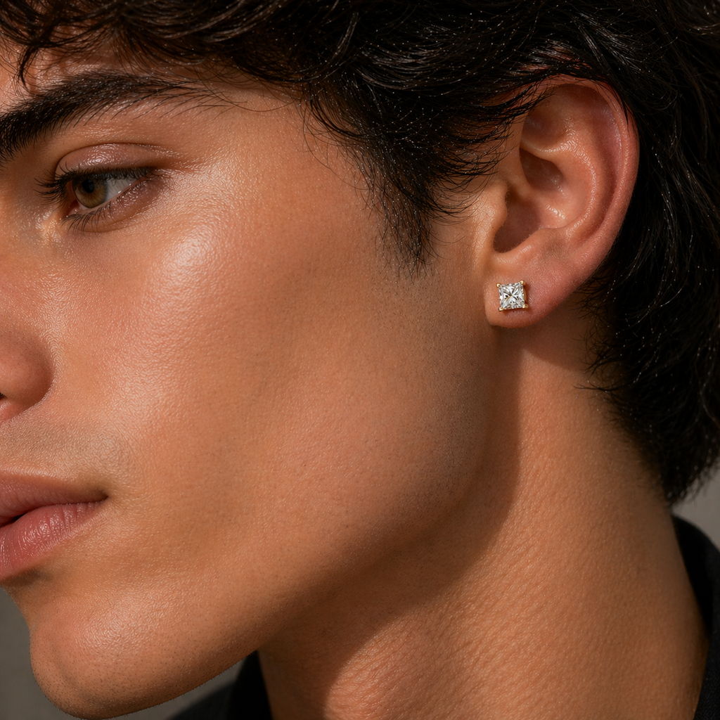 Princess cut diamond stud earrings for men, 14K gold square diamond earring close-up, four prong setting detail, lab grown diamond