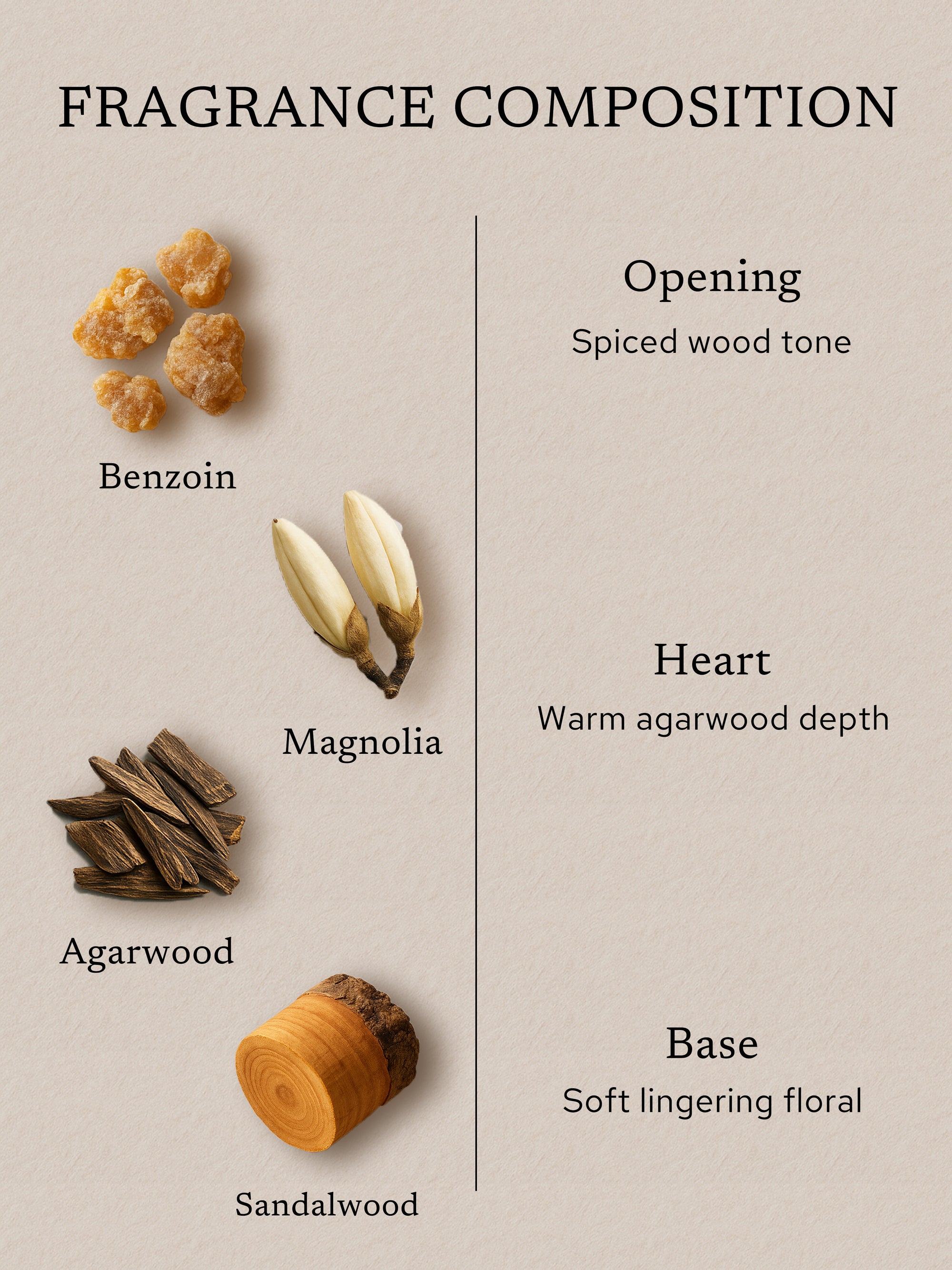 Fragrance composition of an agarwood-focused incense blend with benzoin, magnolia, agarwood, and sandalwood, illustrating a spiced wood opening, a warm agarwood heart, and a soft lingering floral finish.