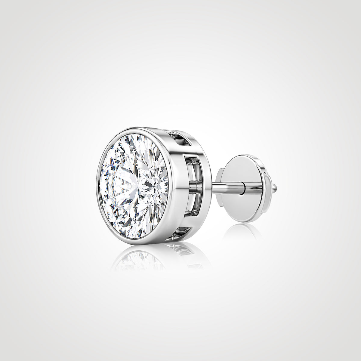 Round lab-grown diamond stud in 14K white gold with a bezel setting and Guardian Back, shown from an angled side view.