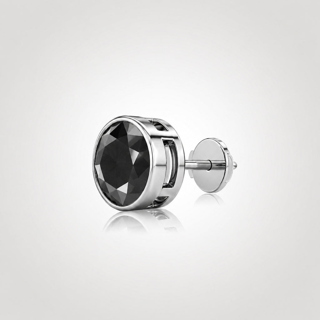 Natural black diamond stud in 14K white gold with a bezel setting and Guardian Back, shown from an angled side view.