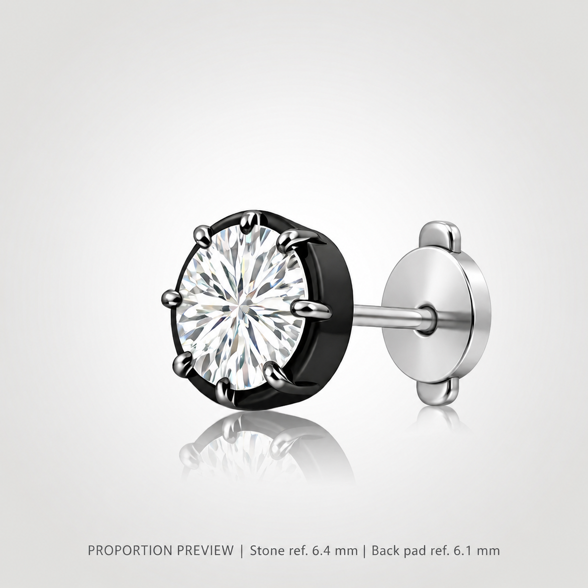 Proportion preview of a black-rhodium eight-prong white diamond stud with a silver-white squeeze-release locking disc back; 1 ct reference, not measured product dimensions.