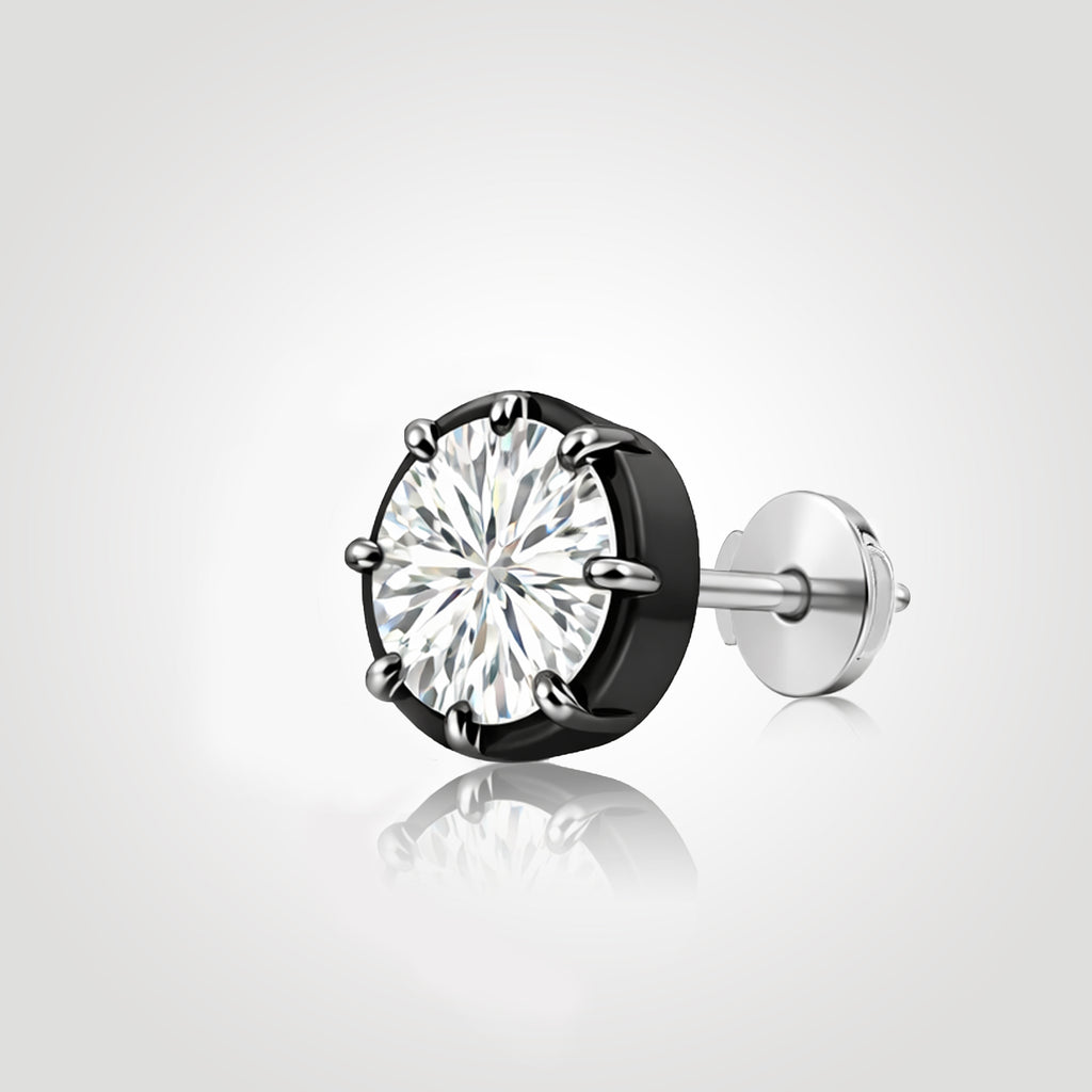 Round lab-grown diamond stud in black-rhodium-finished 14K white gold with a Guardian Back, shown from an angled side view.