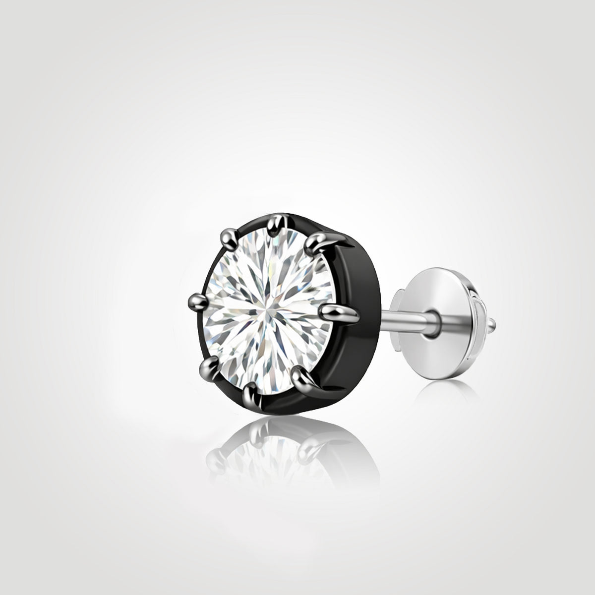 Round lab-grown diamond stud in black-rhodium-finished 14K white gold with a Guardian Back, shown from an angled side view.
