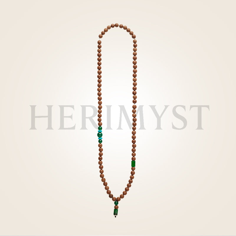 Herimyst Qīng Yán incense bead bracelet and necklace from the Grace & Ritual Collection, 8 mm handcrafted beads with turquoise and green agate accents in a refined minimal setting.