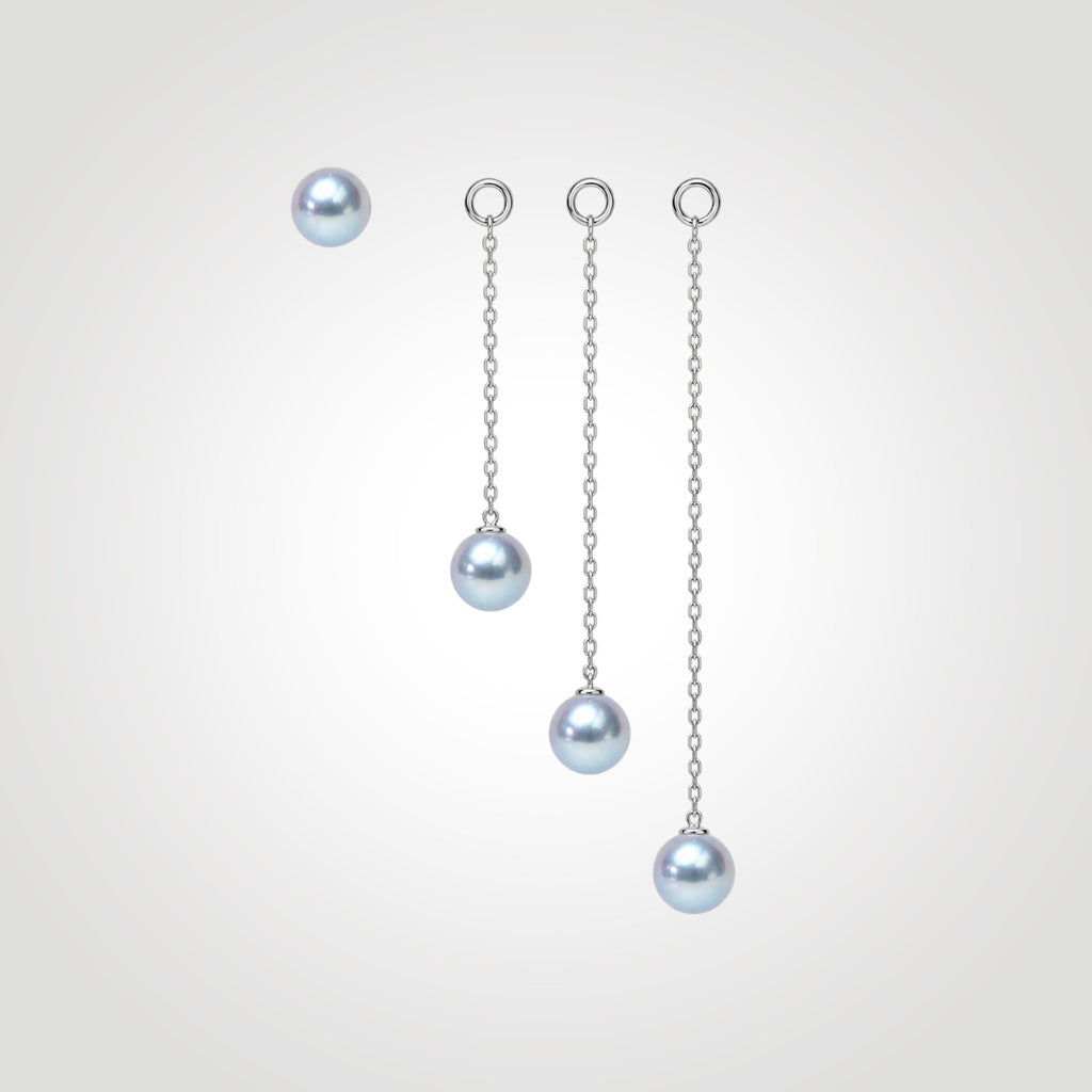 Silver-blue Akoya pearl stud with three detachable 14K gold pearl drop chains