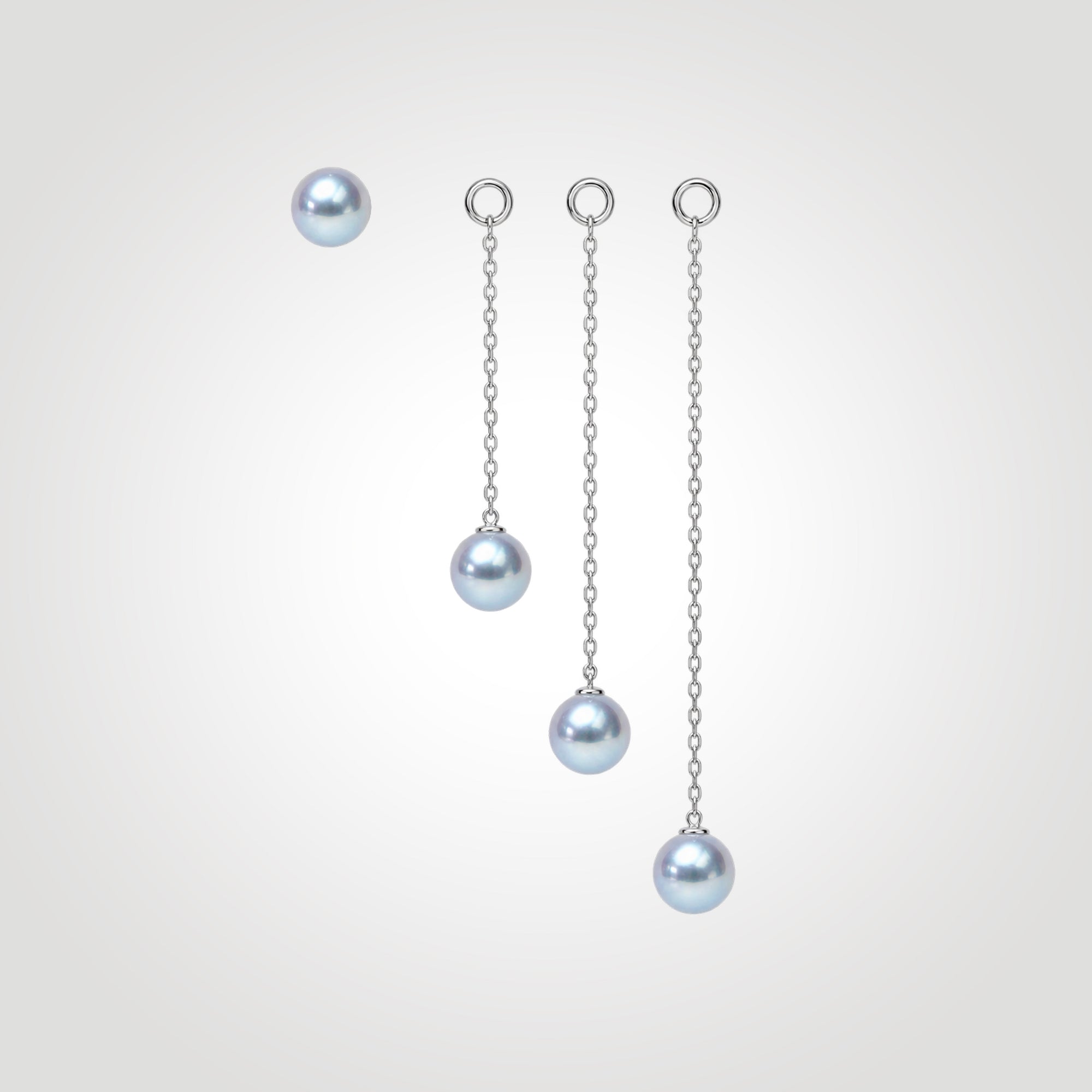 Silver-blue Akoya pearl stud with three detachable 14K gold pearl drop chains