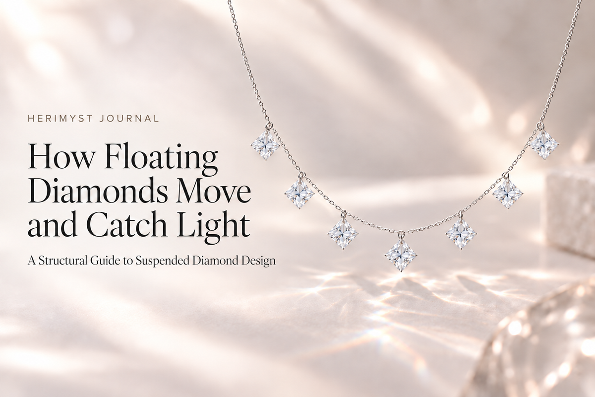 HERIMYST floating diamond journal cover with a marquise and round diamond suspended in light on an ivory background.
