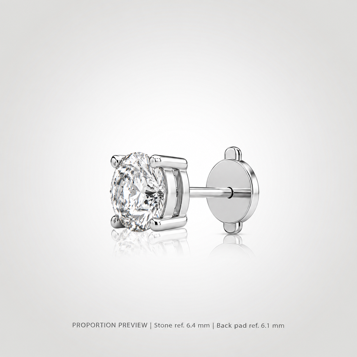 Proportion preview of a white gold four-prong round diamond stud with a squeeze-release locking disc back; 1 ct reference, not measured product dimensions.
