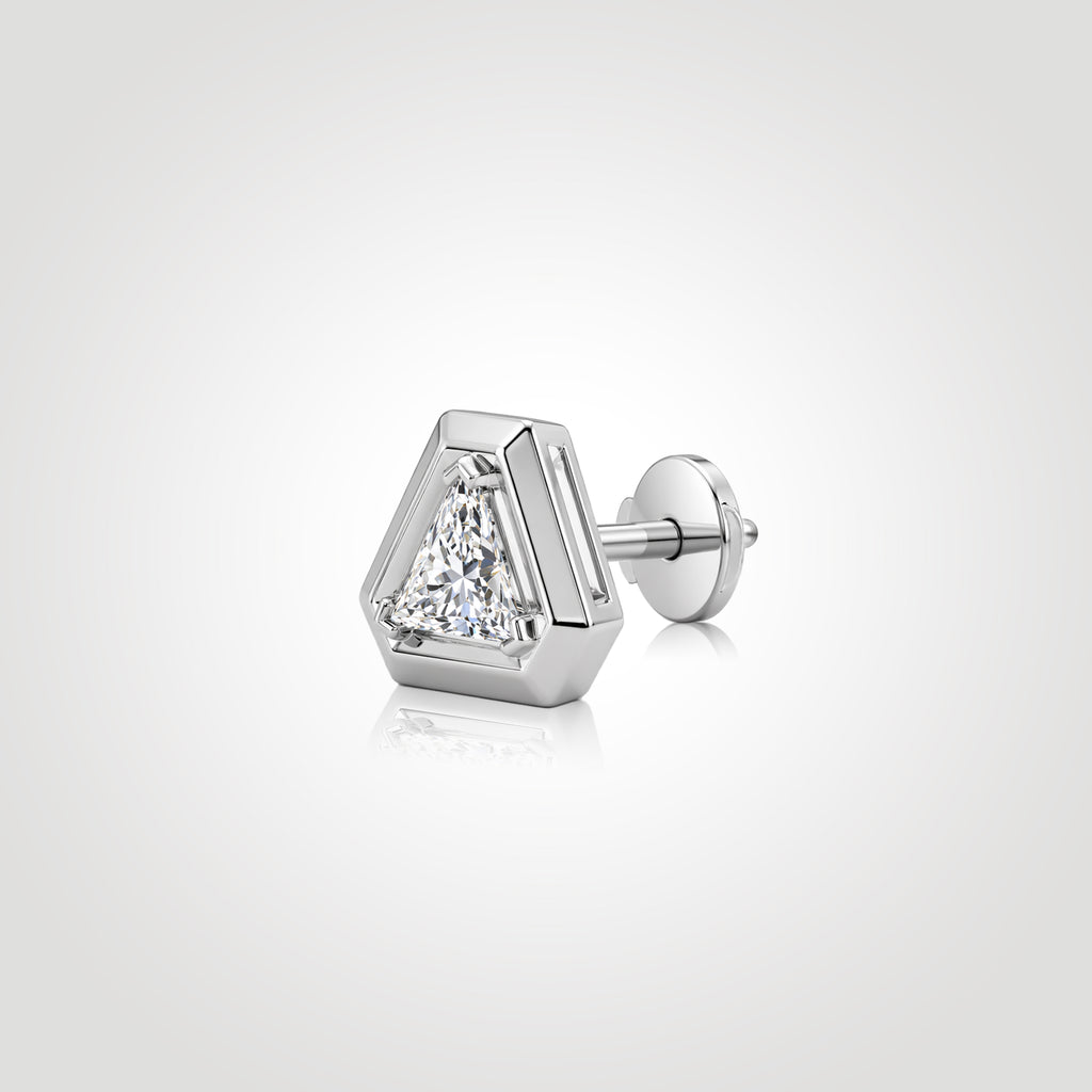 Geometric triangle-cut lab-grown diamond stud in 14K white gold with a Guardian Back, shown from an angled side view.