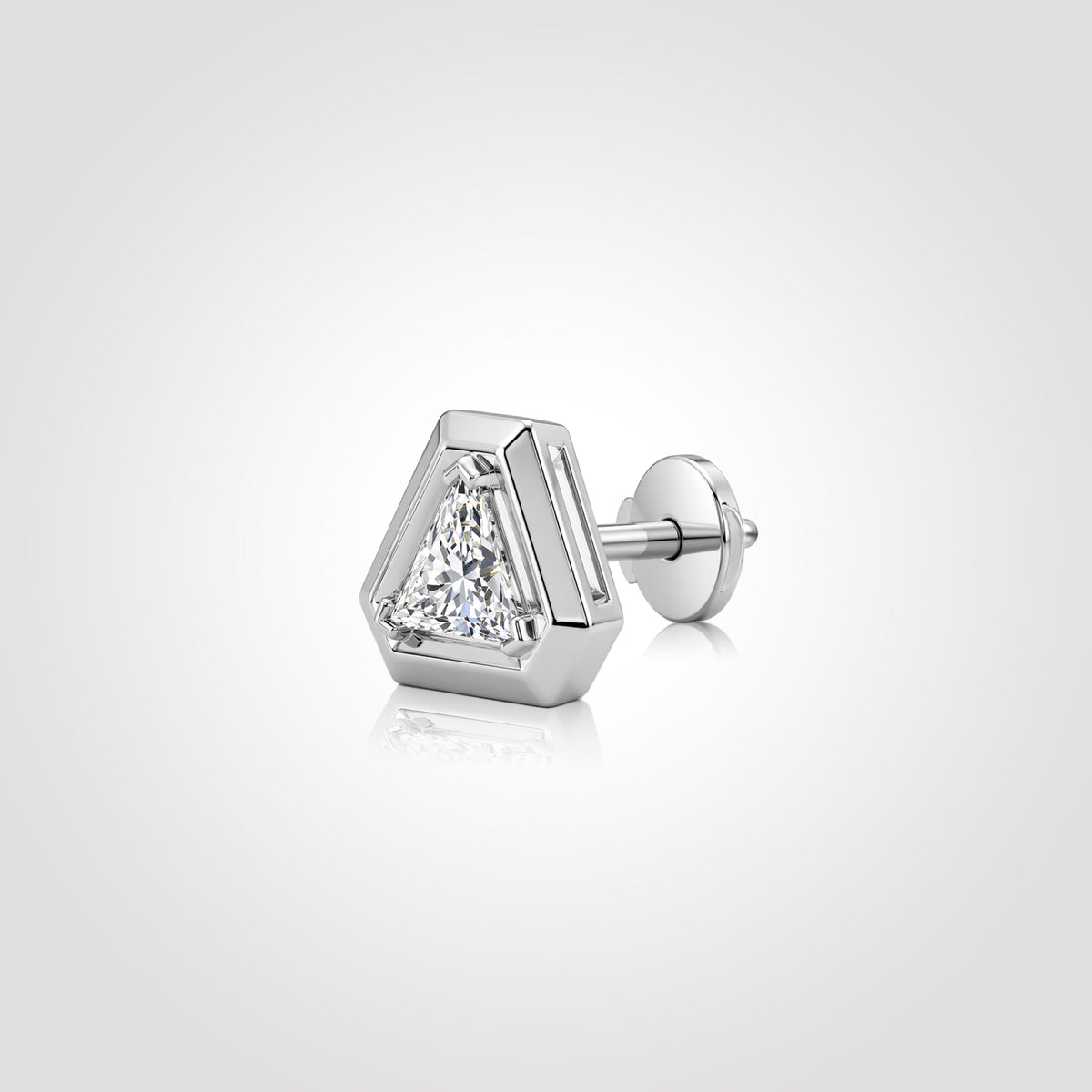 Geometric triangle-cut lab-grown diamond stud in 14K white gold with a Guardian Back, shown from an angled side view.