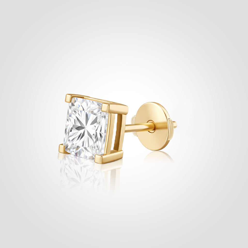 Princess-cut lab-grown diamond stud in 14K yellow gold with a Guardian Back, shown from an angled side view.