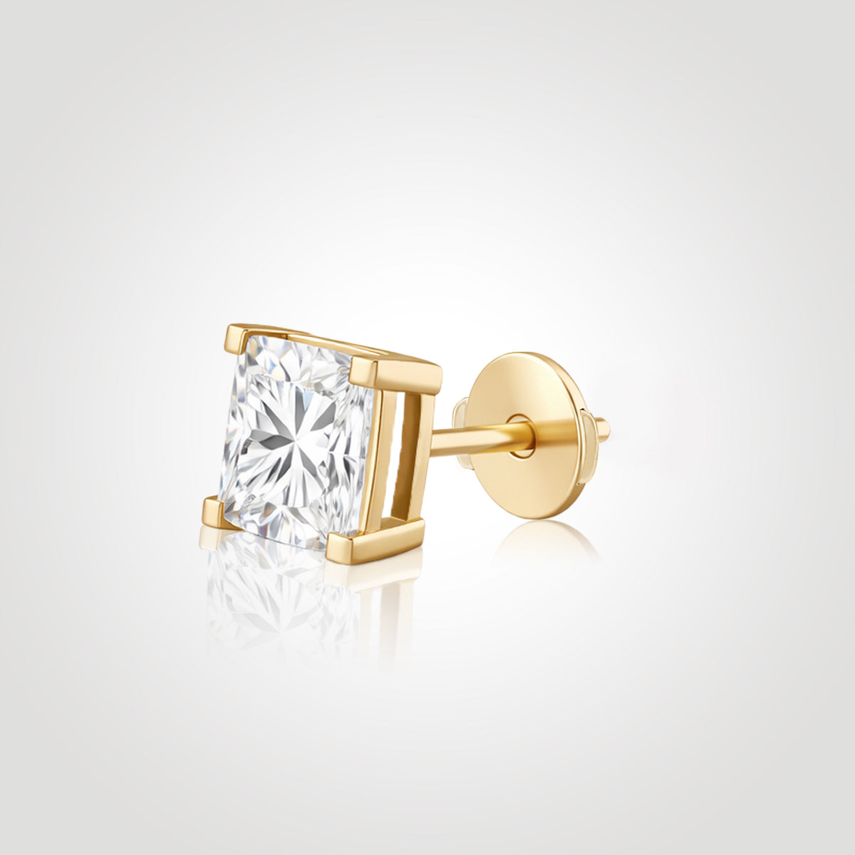 Princess-cut lab-grown diamond stud in 14K yellow gold with a Guardian Back, shown from an angled side view.