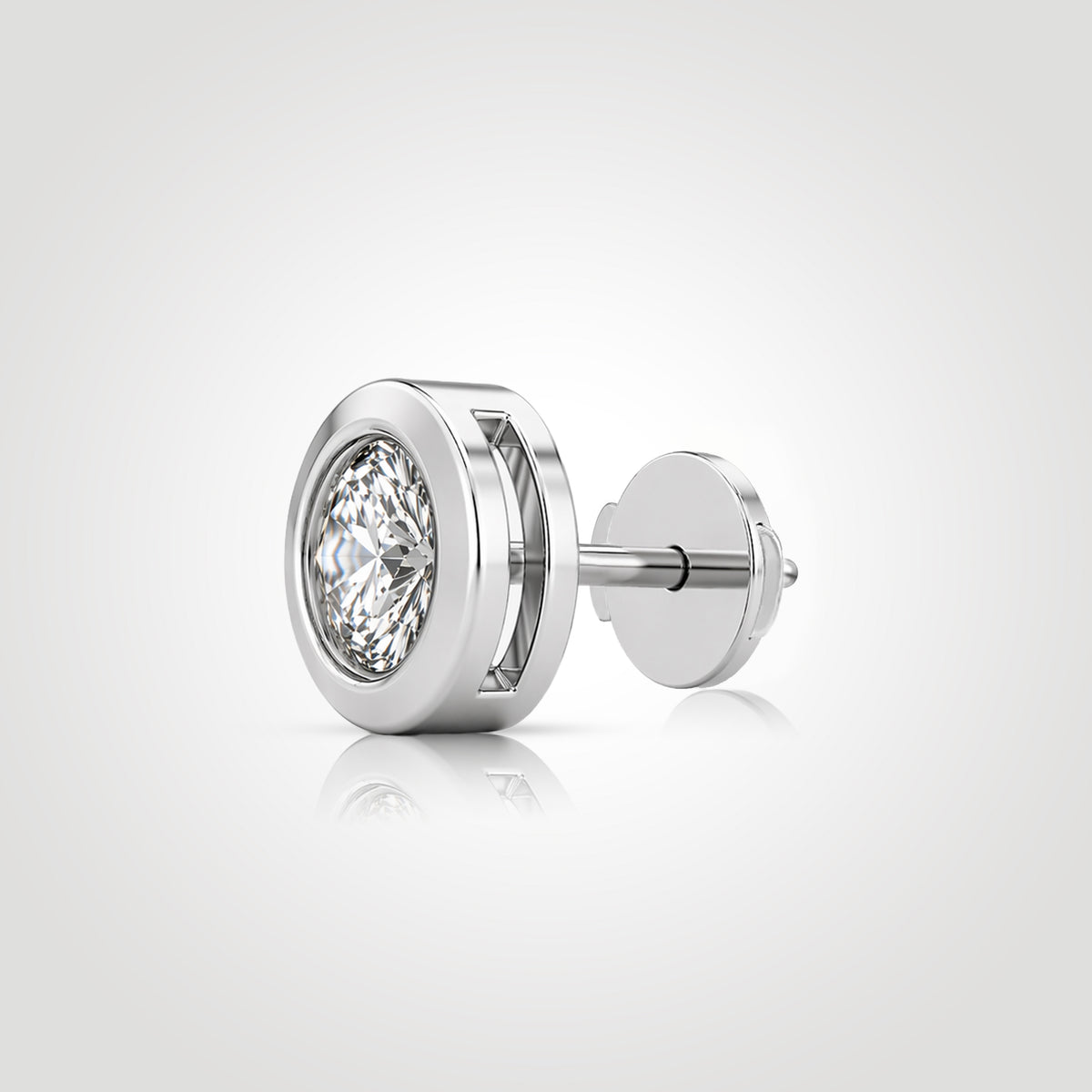 Round lab-grown diamond stud in 14K white gold with a recessed bezel setting and Guardian Back, shown from an angled side view.