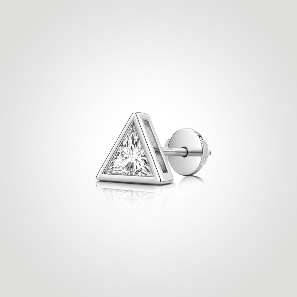 Triangle-cut lab-grown diamond stud earring in 14K white gold with a Guardian Back, shown from an angled view.