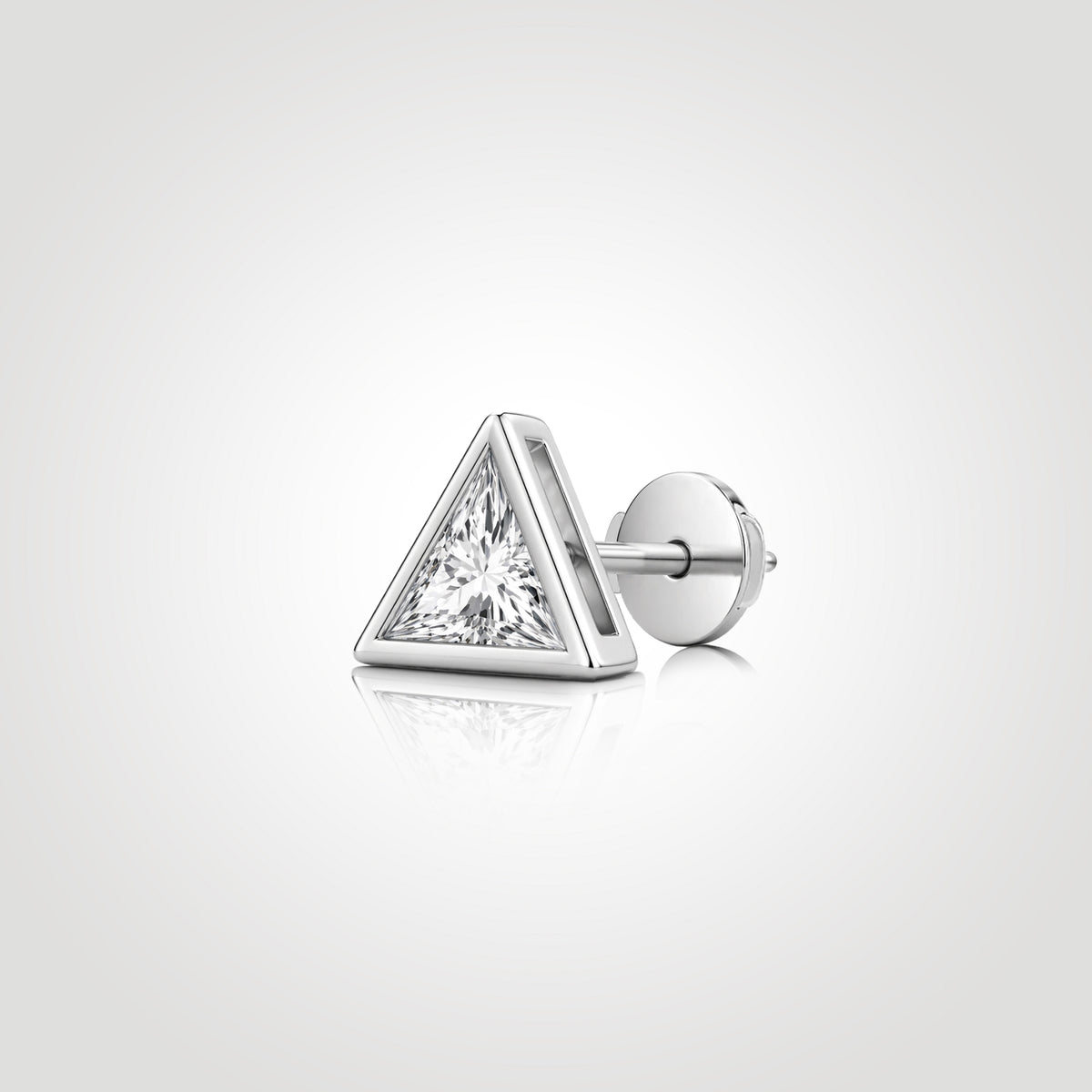 Triangle-cut lab-grown diamond stud earring in 14K white gold with a Guardian Back, shown from an angled view.